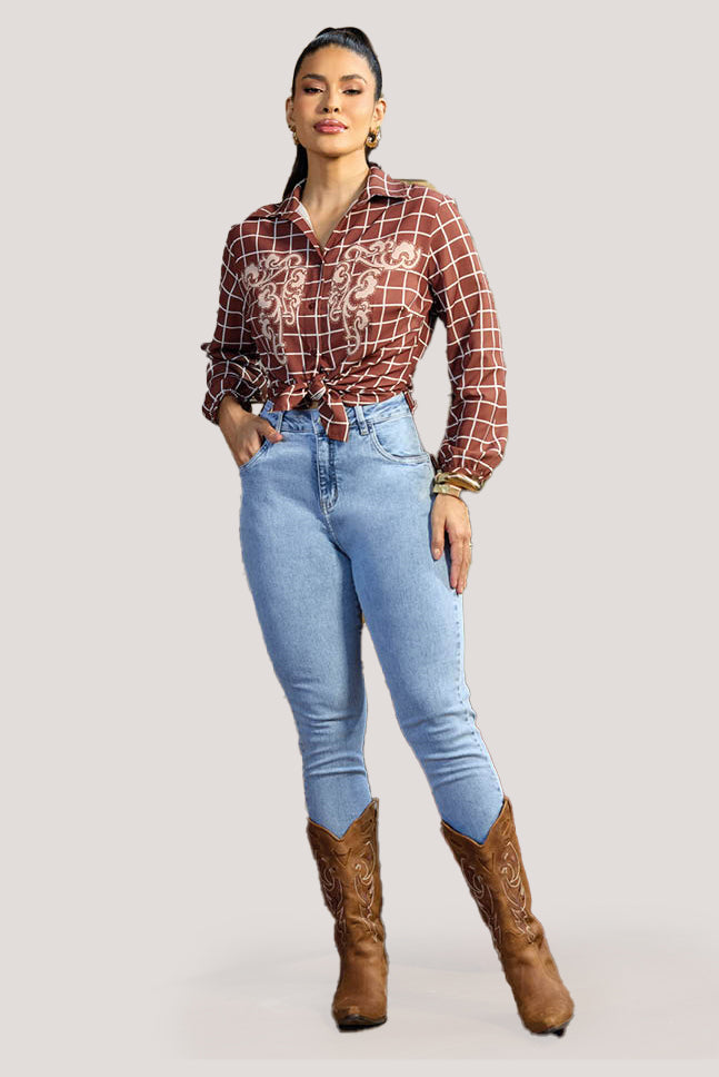 Blusa Camisa  Ajustada Com Mangas Longas