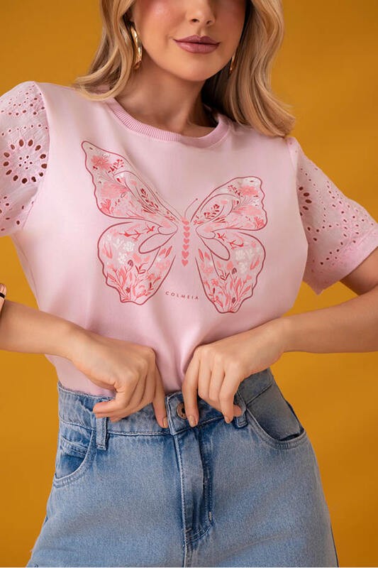 Blusa Tshirt Rosa Com Manga De Laise