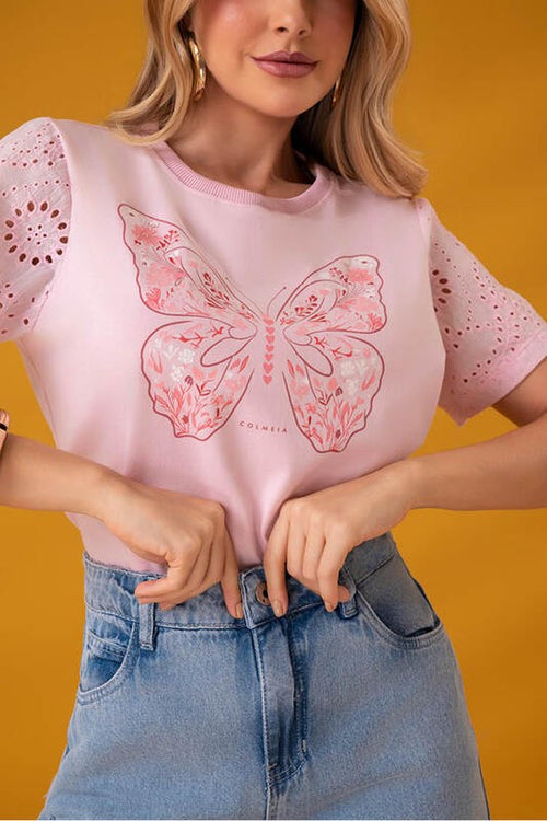 Carregar imagem 2 na visualização da galeria. Blusa Tshirt Rosa Com Manga De Laise