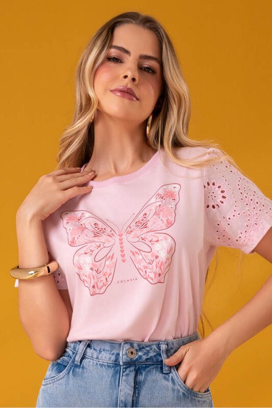 Blusa Tshirt Rosa Com Manga De Laise